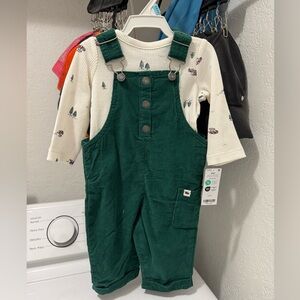 Carter's Green Overalls with Adjustable Straps and Christmas tree print shirt.